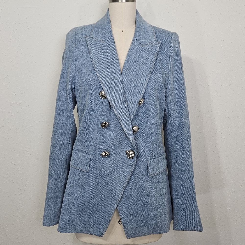 Veronica Beard Light Blue Denim Double-Breasted Blazer - Picture 3 of 15